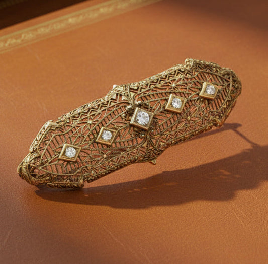 Art Deco 1920's Diamond 14k White Gold Filigree Brooch