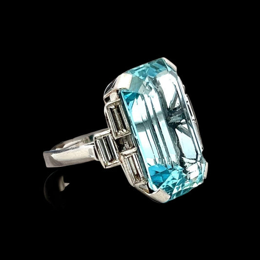 Circa 1940's 26.00 ct Aquamarine and Diamond Platinum Ring