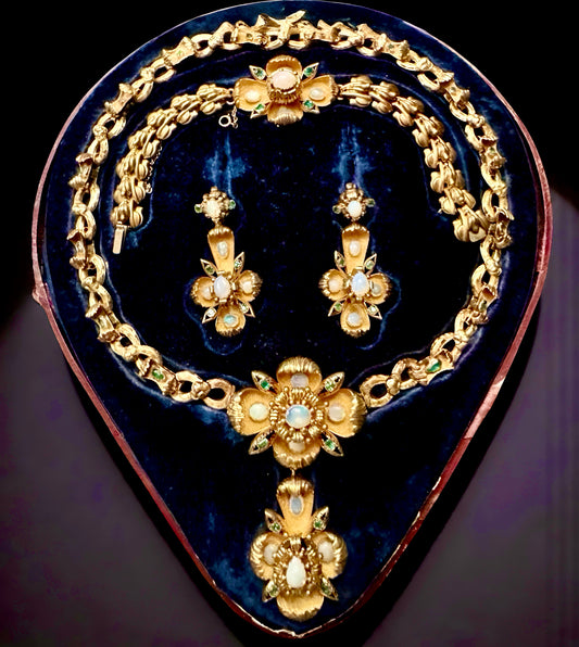 Victorian 1880's Emerald, Opal Suite in Original Box - Necklace, Pendant, Bracelet and Earrings 14Kt Yellow Gold