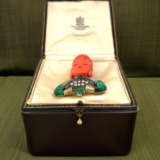 Estate Carved Coral, Emerald, Sapphire, Malachite and Diamond Brooch/Pendant 15249