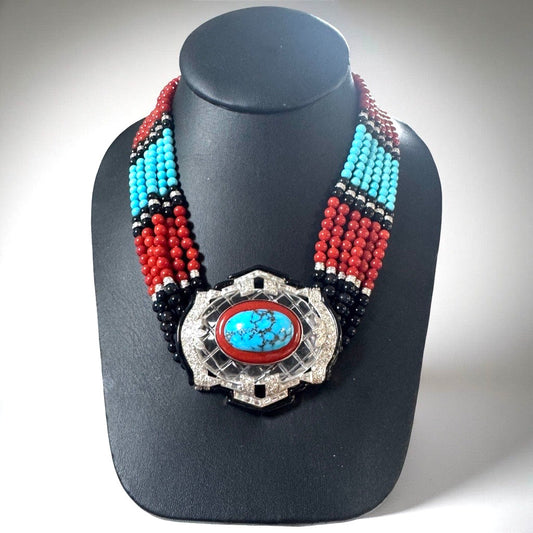 NYC Designer David Webb Diamond, Coral, Onyx, Turquoise, Rock Crystal Platinum, 18K Yellow Gold Necklace