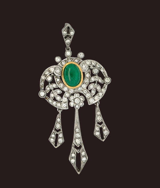 Vintage Emerald and Diamond 18K Yellow and White Gold Pendant