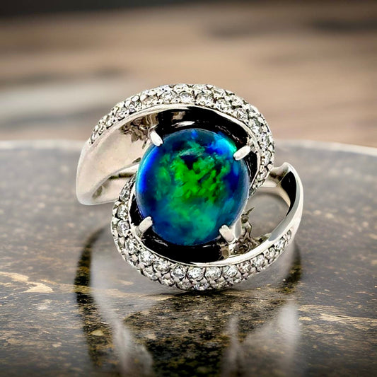 Estate Custom Made 6.54 ct Black Opal and Diamond Platinum Ring 15257