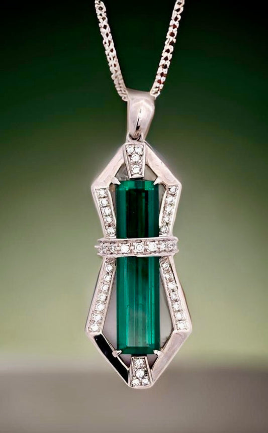 Estate Custom Made 12.40 ct. Fine Green Tourmaline and Diamond Platinum Pendant 15261