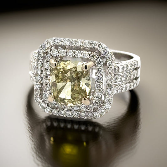 Estate 2.10 ct Natural Fancy Brownish Greenish Yellow Diamond 18K White Ring 14736