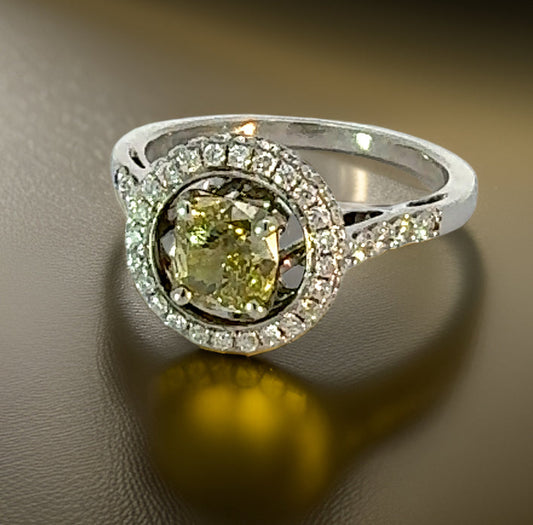 Estate 1.31 ct Natural Fancy Brownish Greenish Yellow (GIA) Diamond 14K White Gold Ring 14740