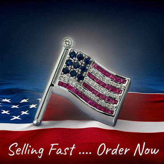 The Presidential  American Flag Diamond, Ruby, Sapphire Lapel Brooch 14K White Gold 15278