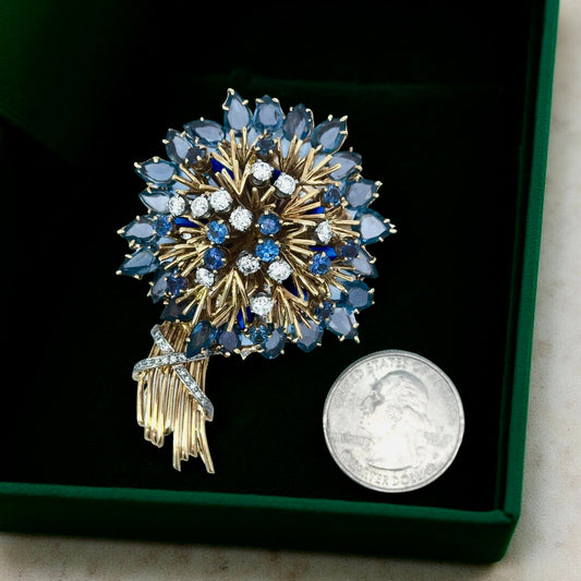 French Vintage Diamond, Sapphire and 18K Yellow Gold 1950's Flower Brooch