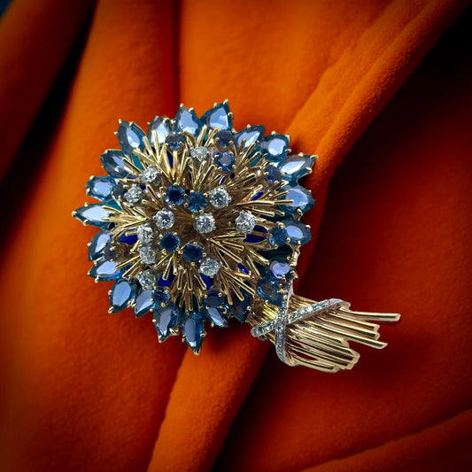French Vintage Diamond, Sapphire and 18K Yellow Gold 1950's Flower Brooch