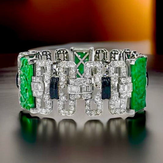 Authentic 1925 Art Deco 8.52 cttw Diamond Jadeite Black Enamel Platinum Bracelet 15289