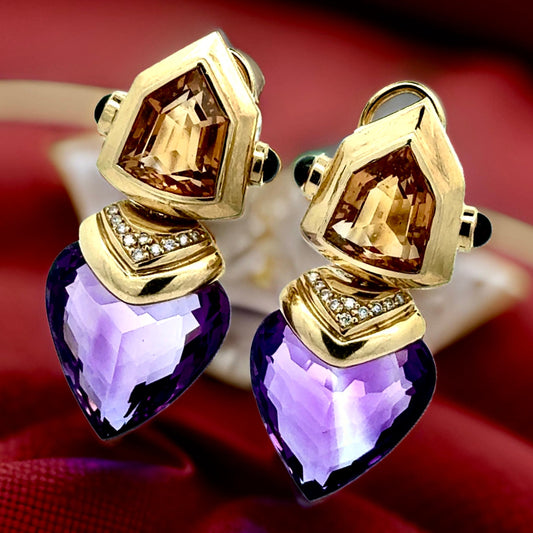 Personal Estate Of Hollywood Actress Diane Ladd 40 cttw Amethsyt 20 cttw Citrine and Diamond 18K YG Earrings 15299