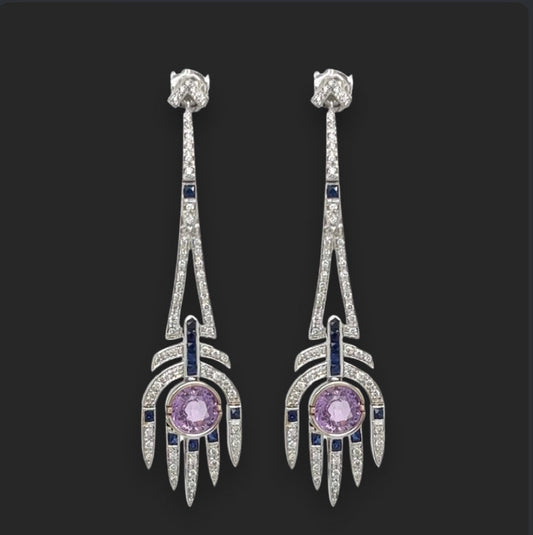 Aristocrat Art Deco Style Diamond, Pink and Blue Sapphire and 18K White Gold Dangle Earrings