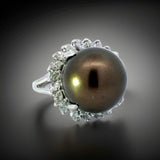 Estate Natural Tahitian Pearl and Diamond Ring 14205