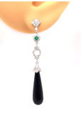 Art Deco Reproduction Aristocrat 13.54 cttw Onyx and Diamond/Emerald Dangle Earrings 12508