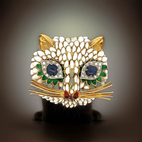 Estate Italian Designer Lunati Italian Cat Enamel Diamond Brooch / Pendant 14108