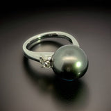 Estate 12.5 mm Tahitain Pearl Diamond Platinum Ring 14261