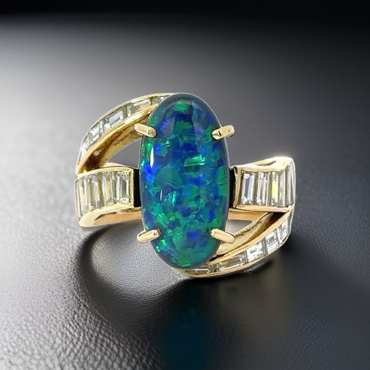 Estate Fine 5.10 ct Black Opal Diamond 18K Yellow Gold Ring 14617