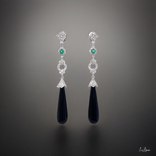 Art Deco Reproduction Aristocrat 13.54 cttw Onyx and Diamond/Emerald Dangle Earrings 12508