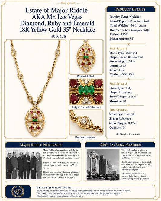 Estate Of Major Riddle aka Mr. Las Vegas Diamond, Ruby and Emerald 18k Yellow Gold 35" Necklace