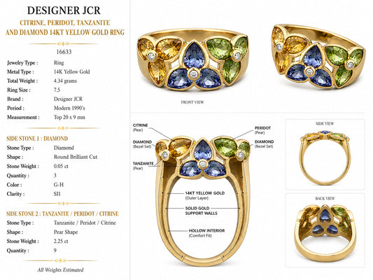Modern Designer JCR Citrine, Peridot, Tanzanite and Diamond 14Kt Yellow Gold Ring.