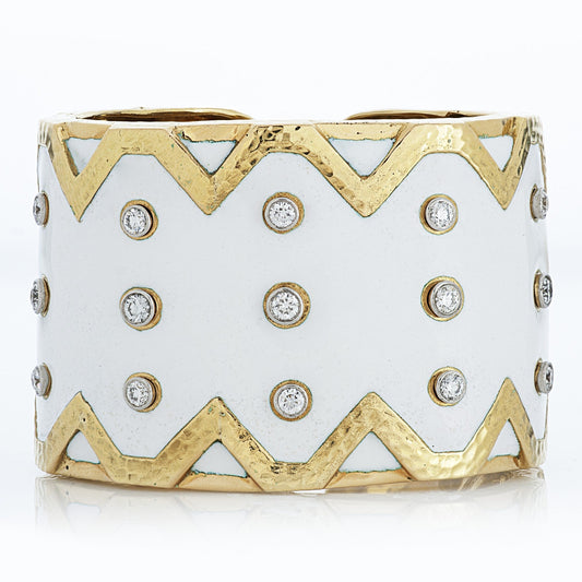 MDJ Curator Collection Estate David Webb 18KY/Platinum Diamond White Enamel Princess Lilian Cuff Bangle 12583 David Webb Hammered 18KY/Platinum White Enamel Rickrack Cuff Bracelet With 27 Round Collet