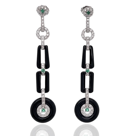 Art Deco Reproduction Aristocrat 7.08 cttw Onyx and Diamond/Emerald Dangle Earrings 12507