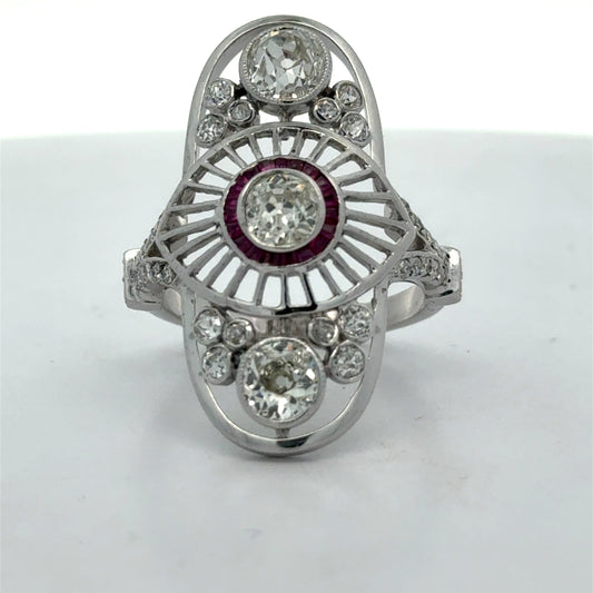 Estate Old Europen Cut 2.73 cttw Diamond Ruby Filigree Ring 15478