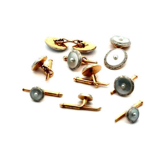 Estate Art Deco Mother of Pearl Tuxedo Shirt Studs & Matching Double Sided Cuff Link (Set in Original Box) 15662