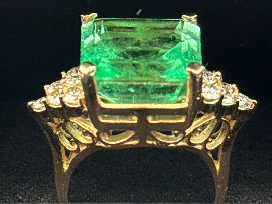 12.19ct Step Cut GIA Colombia Emerald with Diamond and 14K Yellow Gold Ring