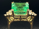 12.19ct Step Cut GIA Colombia Emerald with Diamond and 14K Yellow Gold Ring