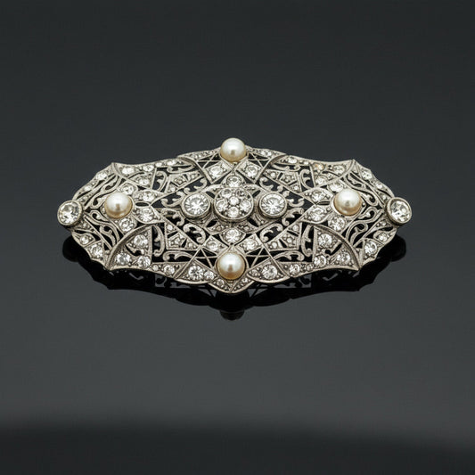 Art Deco Cultured Pearl and Diamond Platinum Brooch