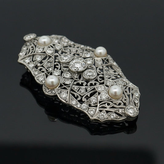 Art Deco Cultured Pearl and Diamond Platinum Brooch