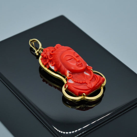 Modern Circa 1950's Carved Red Coral Pendant Mounted 10Kt Yellow Gold