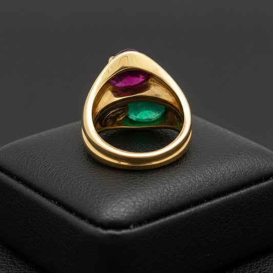Italian Designer Vaglio Emerald and Ruby 18K Yellow Gold Ring