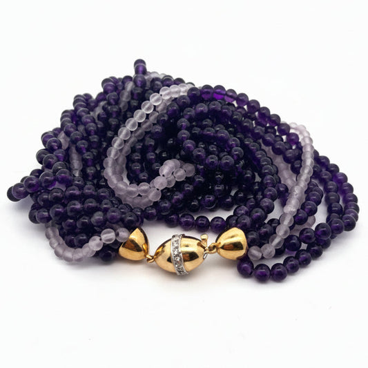 Amethyst and Diamond 8 Strand 14K Yellow Gold Necklace