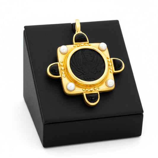 Designer Elizabeth Locke 18K Yellow Gold Onyx and Pearl Pendant/Brooch