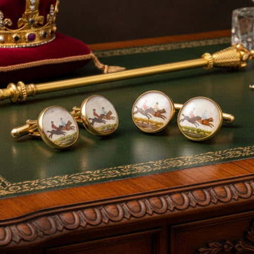 Hand Painted Equestrian 14K Yellow Gold Cuff Links