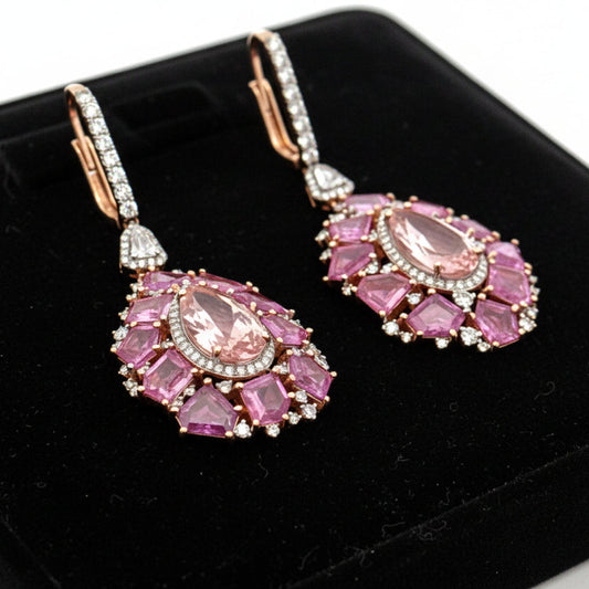 Italian Designer Marchisio Diamond, Morganite and Pink Sapphire 18K White/Yellow Gold Dangle Earrings