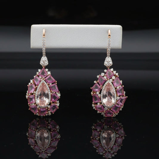 Italian Designer Marchisio Diamond, Morganite and Pink Sapphire 18K White/Yellow Gold Dangle Earrings