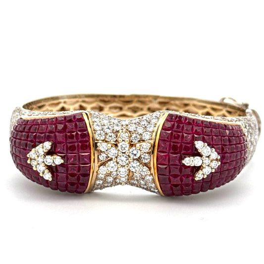 Italian French Cut Ruby and Pave Diamond 18Kt White & Yellow Gold Bangle