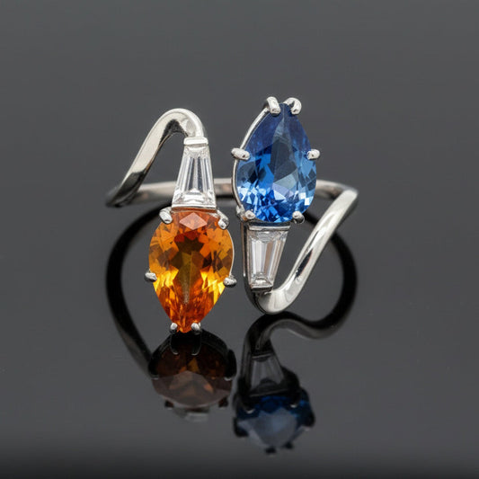 Modern Fine Blue and Yellow Sapphire, Diamond Platinum Bypass Ring