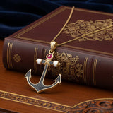 Yacht Lady Anchor Red White Blue 14K Yellow Gold Necklace