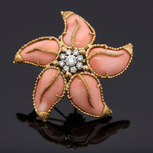 Vintage Italian Designer Coral and Diamond 18K Yellow and White Gold Brooch