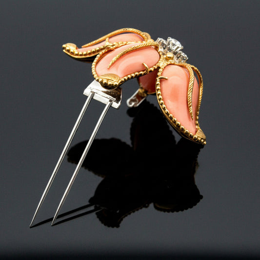 Vintage Italian Designer Coral and Diamond 18K Yellow and White Gold Brooch