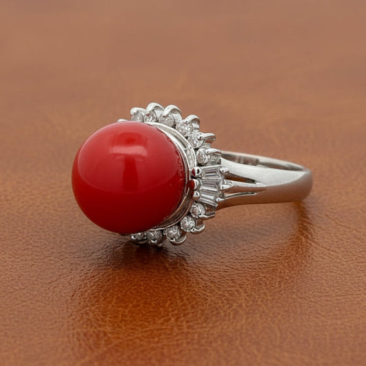 Mid Century Red Coral, Diamond Platinum Ring