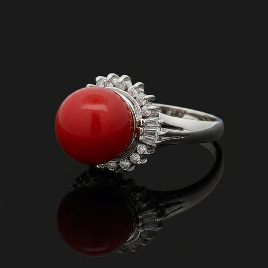 Mid Century Red Coral, Diamond Platinum Ring