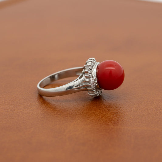 Mid Century Red Coral, Diamond Platinum Ring