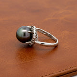Modern 11.90mm Tahitian Pearl and Diamond Platinum Ring