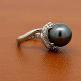 Modern 11.90mm Tahitian Pearl and Diamond Platinum Ring