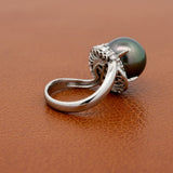 Modern 11.90mm Tahitian Pearl and Diamond Platinum Ring